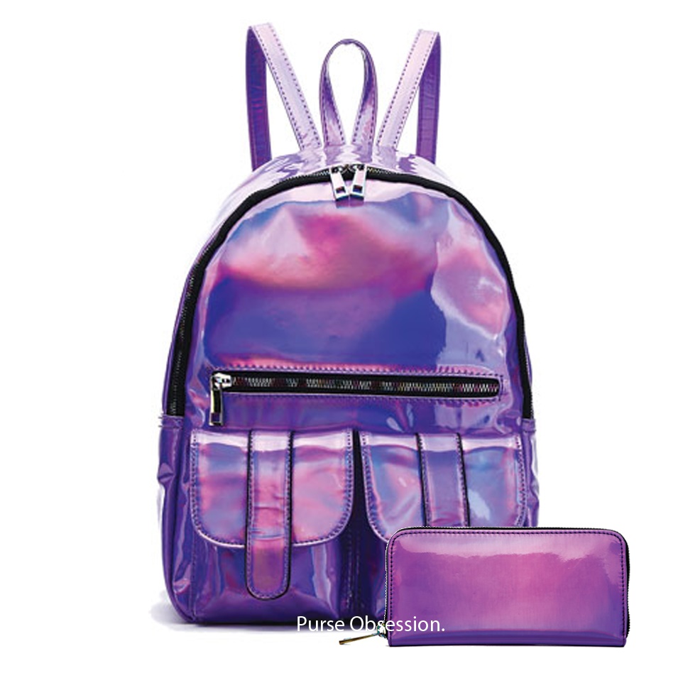 Purple Holographic Dual Pocket Backpack With Wallet - HAR2 5685 - Click Image to Close